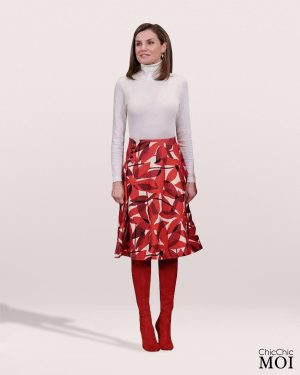 Queen Letizia Inspired Red Patterned Skirt Ensemble