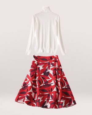 Queen Letizia Inspired Red Patterned Skirt Ensemble