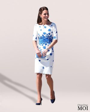 The Princess of Wales Inspired White & Blue Floral Dress